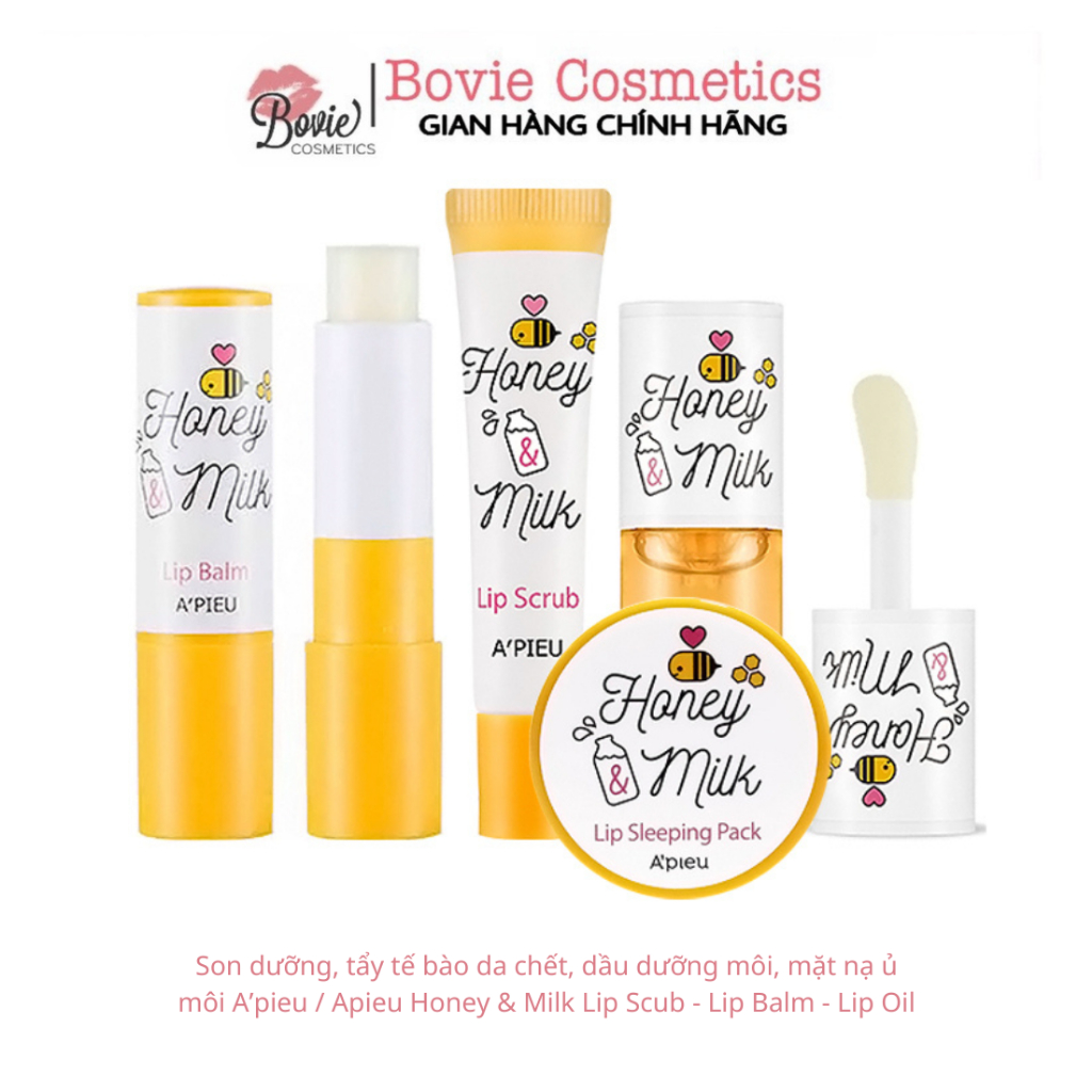 Son dưỡng, tẩy tế bào da chết, dầu dưỡng môi, mặt nạ ủ môi A’pieu / Apieu Honey & Milk Lip Scub – Lip Balm – Lip Oil
