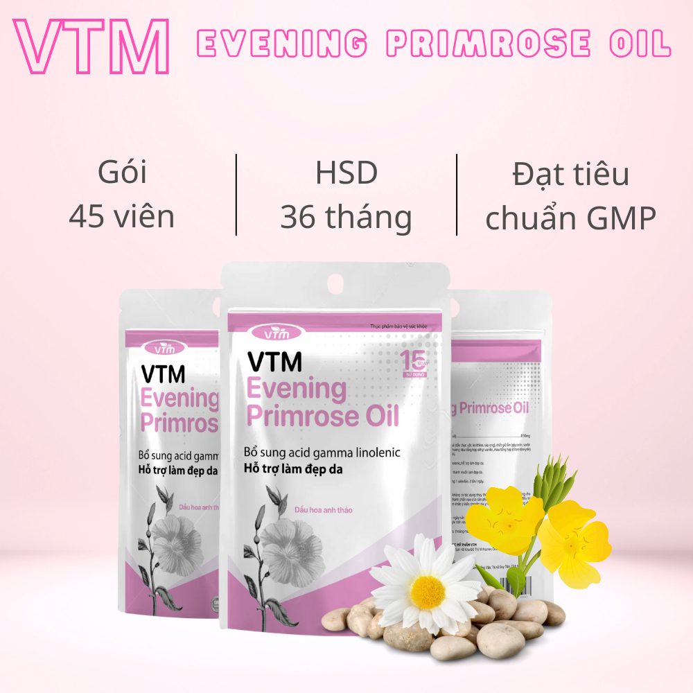 Viên uống tinh dầu hoa anh thảo VTM Evening Primrose Oil, hỗ trợ cân bằng nội tiết tố, làm đẹp da, tóc, móng – 45 viên