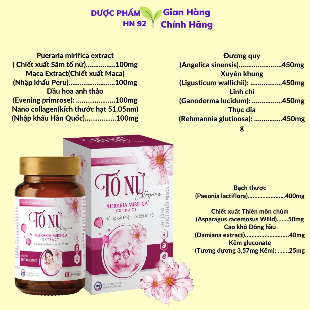 Viên Uống Sâm Tố Nữ Estropina Hỗ Trợ Cải thiện nội tiết tố nữ, Làm Đẹp Da, Hộp 30 Viên Duocphamhn92