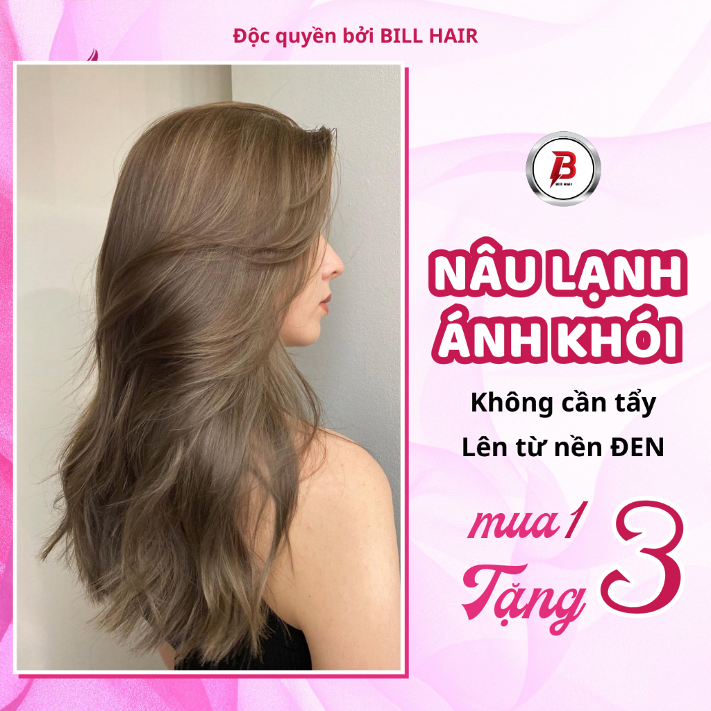 Thuốc nhuộm tóc NÂU LẠNH ÁNH KHÓI không tẩy, lên từ nền đen, tặng kèm oxy trợ nhuộm và găng tay | Bill Hair, Billhair