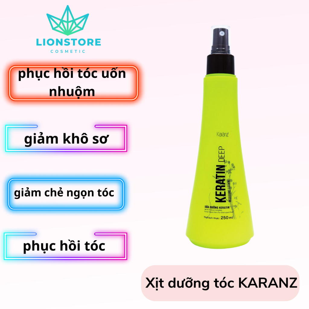 Xịt dưỡng tóc KERATIN MOISTURE LOTION KARANZ collagen giữ ẩm phục hồi khô xơ rối hư tổn 250ml