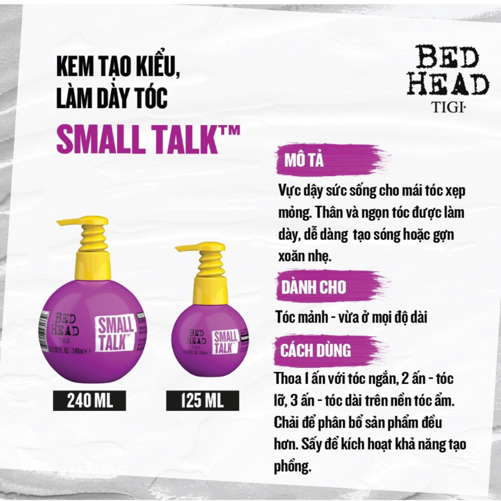 Gel tạo kiểu tóc xoăn dưỡng ẩm, tạo độ phồng cho tóc, Gel giữ nếp tóc uốn Tigi Bed Head Small Talk tím 240ml
