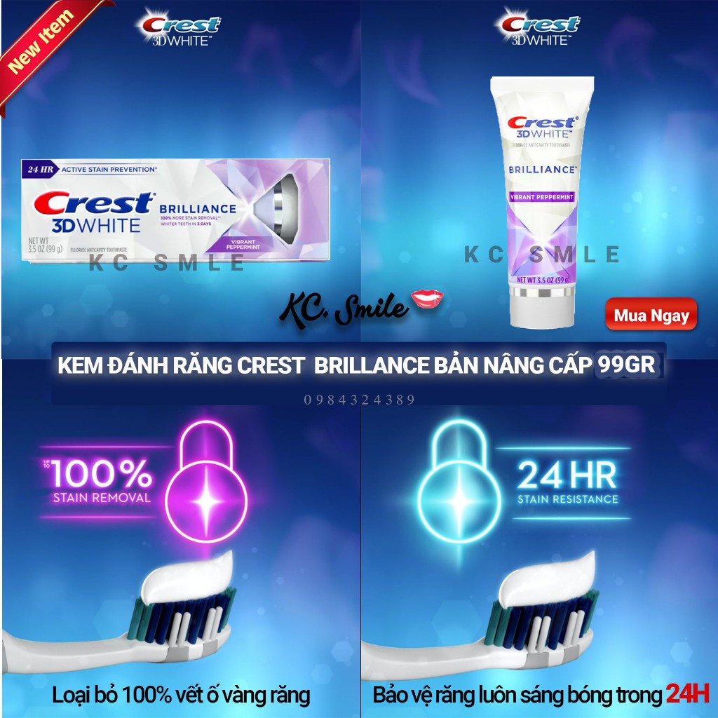 Kem đánh răng Crest 3D White Brilliance bản Mỹ 99gr và bản Trung 90gr