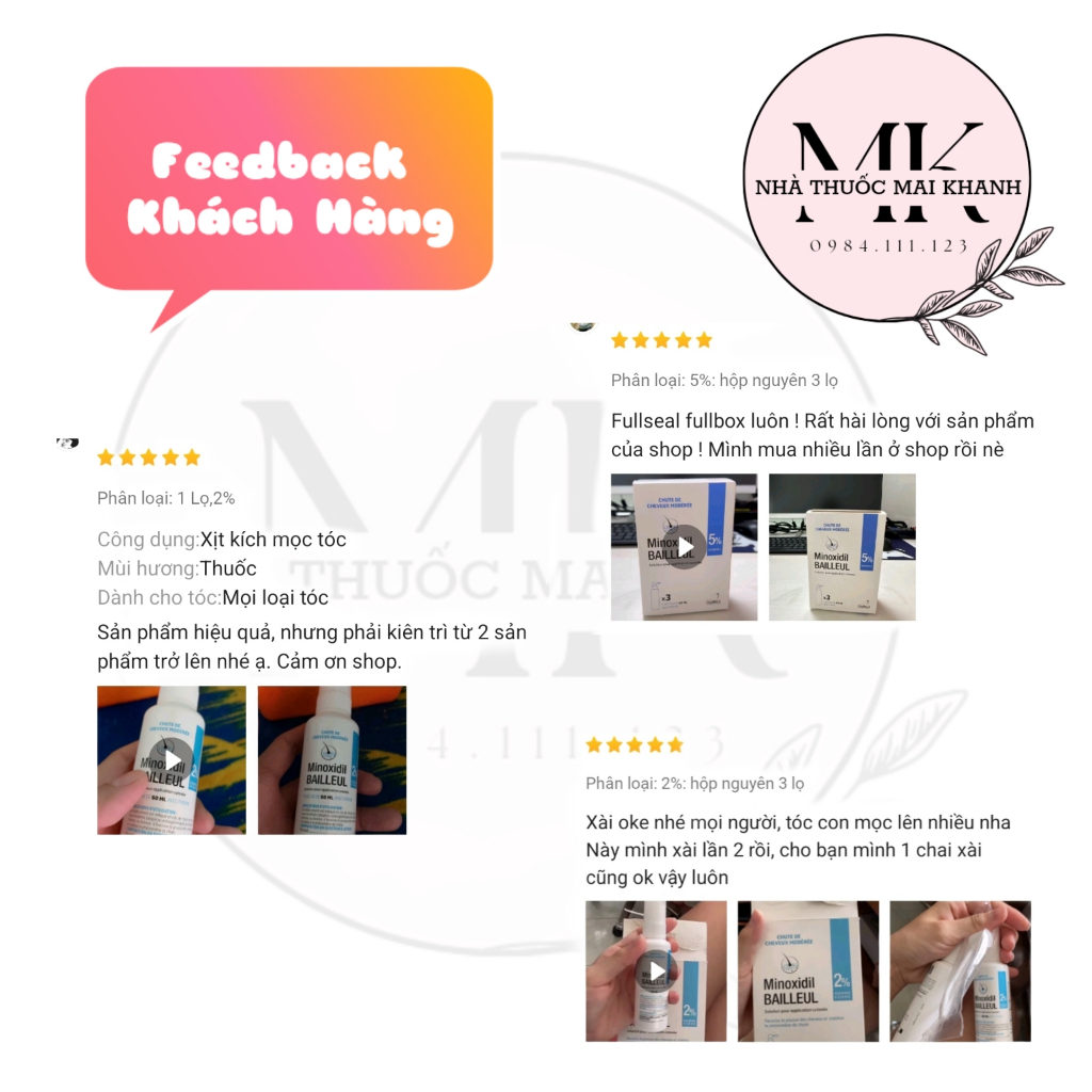 Xịt mọc tóc Minoxidil Bailleul 2% NHẬP KHẨU PHÁP – NGĂN RỤNG TÓC, KÍCH THÍCH MỌC TÓC Hộp 3 lọ 60ml.
