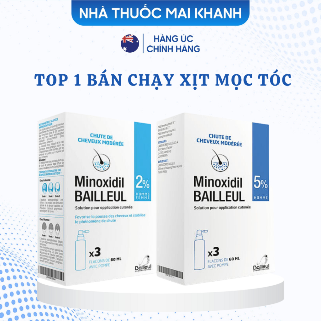 Xịt mọc tóc Minoxidil Bailleul 2% NHẬP KHẨU PHÁP – NGĂN RỤNG TÓC, KÍCH THÍCH MỌC TÓC Hộp 3 lọ 60ml.