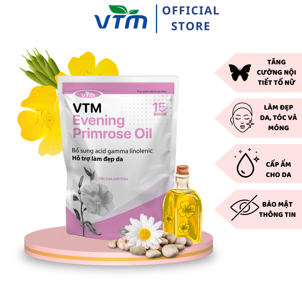 Viên uống tinh dầu hoa anh thảo VTM Evening Primrose Oil, hỗ trợ cân bằng nội tiết tố, làm đẹp da, tóc, móng – 45 viên