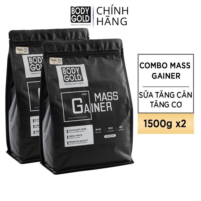 (Combo 2 Túi + Bình Lắc)Sữa Tăng Cân Tăng Cơ Mass Gainer Body Gold Túi 1,5 kg