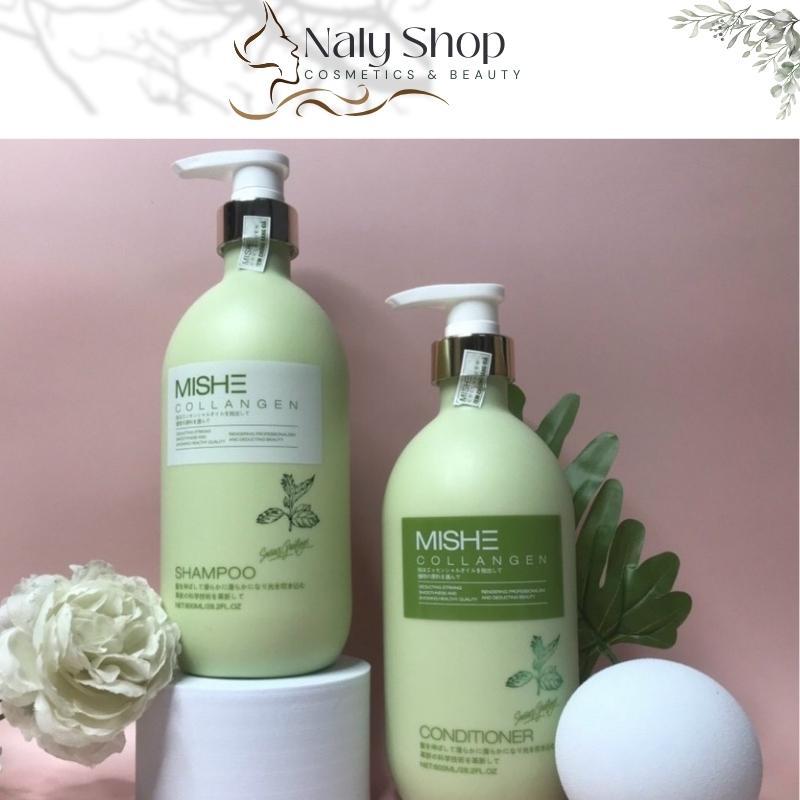 Mishe Collagen Bộ Dầu Gội Xả Chống Rụng Và Kích Thích Mọc Tóc  800mlX2, Dầu Gội Thảo Dược Giúp Tóc Mềm Mượt Chắc Khỏe