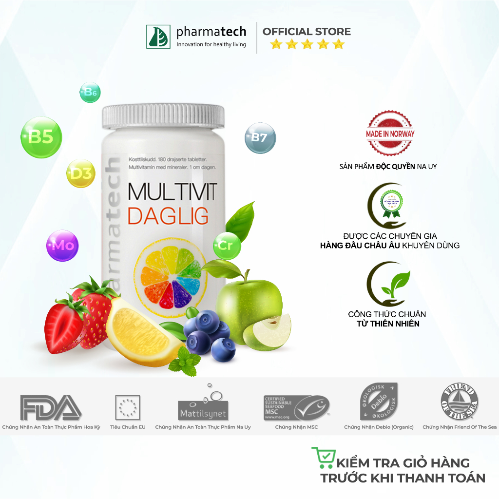 Viên uống bổ sung vitamin bảo vệ sức khỏe MULTIVIT DAGLIG Lọ 180 Viên