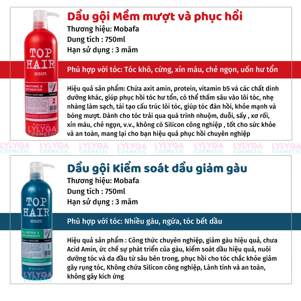 Dầu gội dầu xả Top Hair MOBAFA 750ml hương nước hoa phục hồi tóc hư tổn giảm gàu ngứa kiểm soát dầu toàn diện GX20