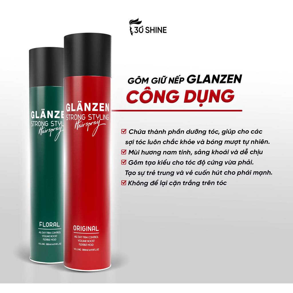 Gôm xịt giữ nếp tóc Glanzen 30Shine phân phối chính hãng giữ nếp tạo kiểu đỉnh cao 380ml