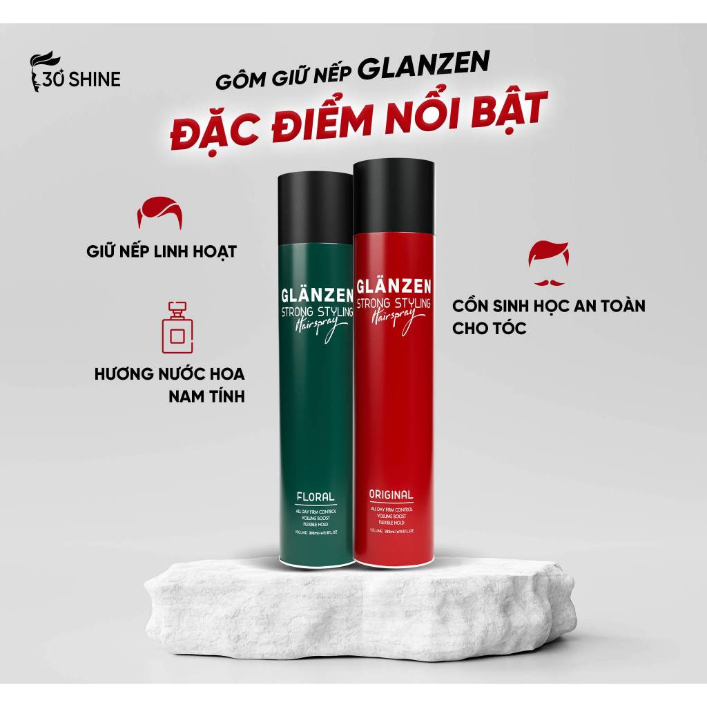 Gôm xịt giữ nếp tóc Glanzen 30Shine phân phối chính hãng giữ nếp tạo kiểu đỉnh cao 380ml