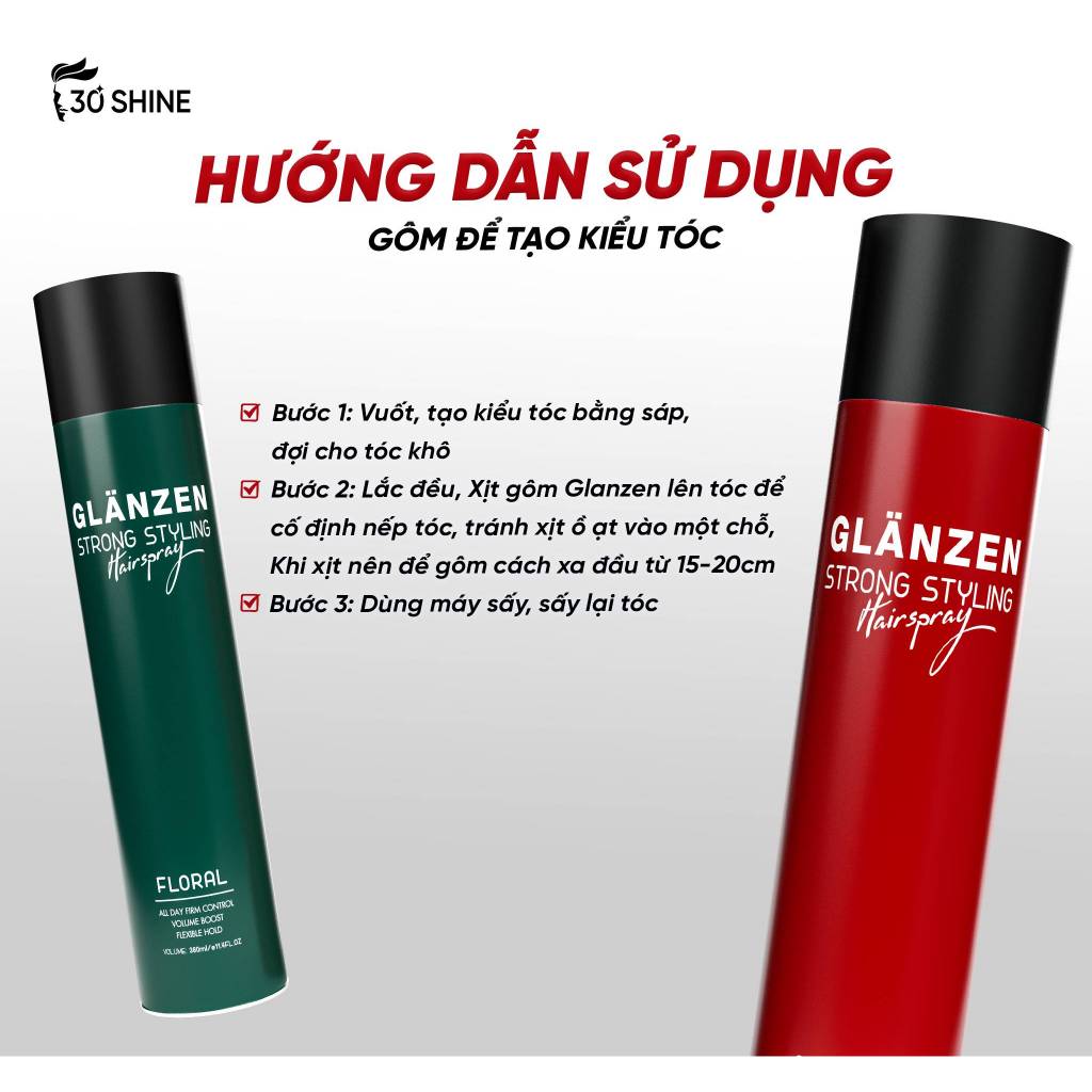 Gôm xịt giữ nếp tóc Glanzen 30Shine phân phối chính hãng giữ nếp tạo kiểu đỉnh cao 380ml