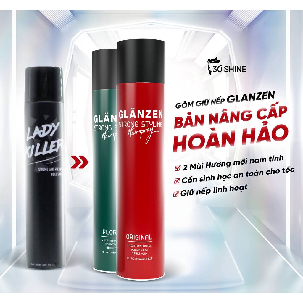 Gôm xịt giữ nếp tóc Glanzen 30Shine phân phối chính hãng giữ nếp tạo kiểu đỉnh cao 380ml