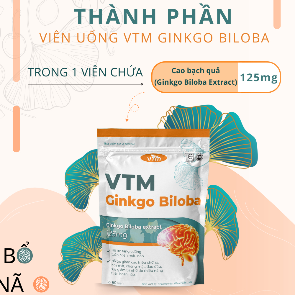 Viên uống bổ não VTM Ginkgo Biloba cải thiện trí nhớ tăng cường tư duy – túi 60 viên