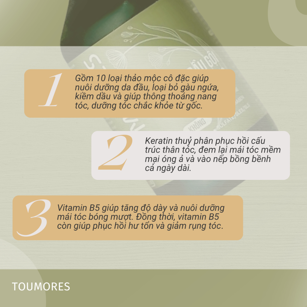 Dầu gội thảo dược Toumores sạch gàu ngứa, kiềm dầu, giúp tóc chắc khỏe từ nang tóc hiệu quả sau 1 tuần sử dụng