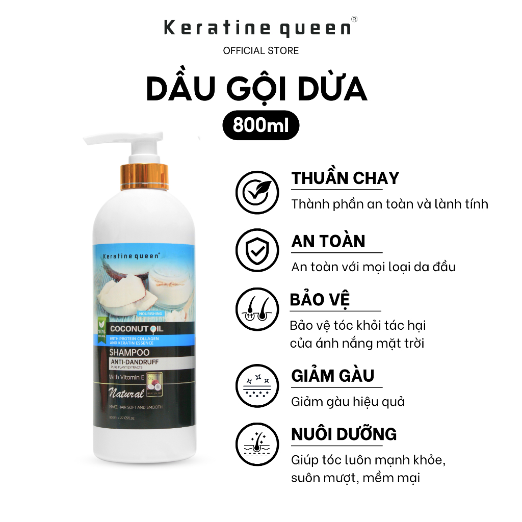 Dầu Gội DỪA 800ml Chống Gàu Hiệu Quả Với Vitamin E, Tinh Chất Keratin và Protein Collagen | Keratine Queen