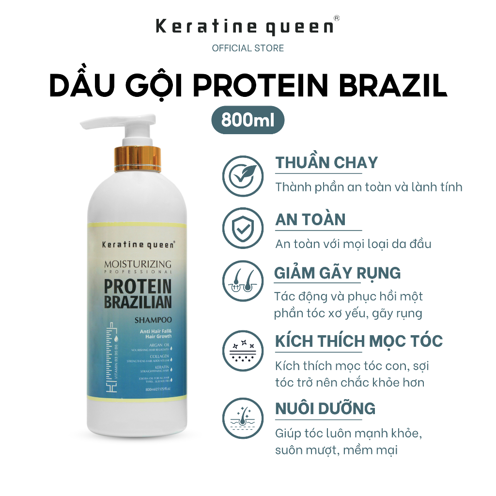 Dầu Gội 800ml Siêu Dưỡng Ẩm, Cấp Ẩm, Giảm Rụng Tóc Và Kích Thích Mọc Tóc PROTEIN BRAZILIAN | Keratine Queen