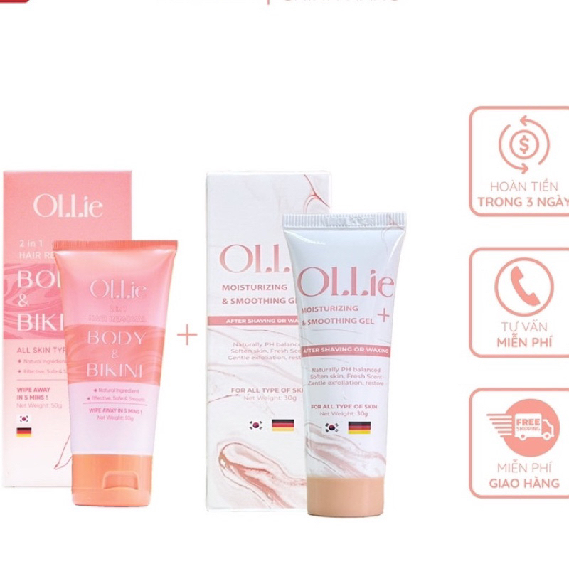 Kem Tẩy Lông OLLIE, Combo 1 tẩy+ 1 dưỡng giúp tẩy lông vùng kín, nách, tay, chân, triệt lông an toàn không đau rát