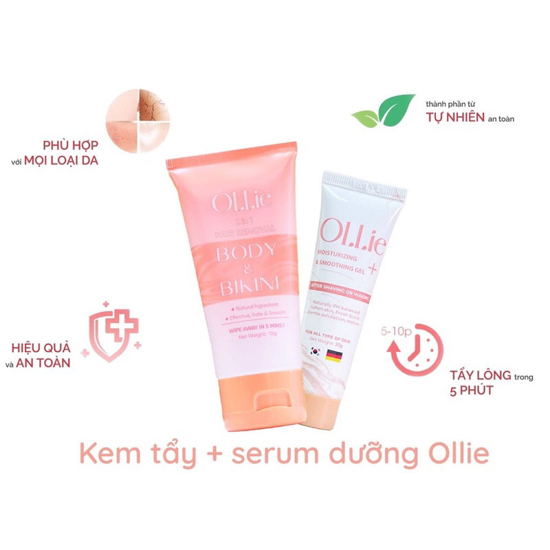 Kem Tẩy Lông OLLIE, Combo 1 tẩy+ 1 dưỡng giúp tẩy lông vùng kín, nách, tay, chân, triệt lông an toàn không đau rát