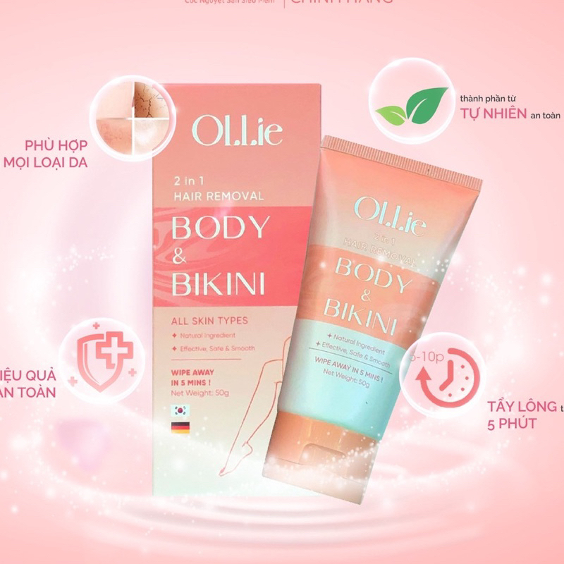 Kem Tẩy Lông OLLIE, Combo 1 tẩy+ 1 dưỡng giúp tẩy lông vùng kín, nách, tay, chân, triệt lông an toàn không đau rát