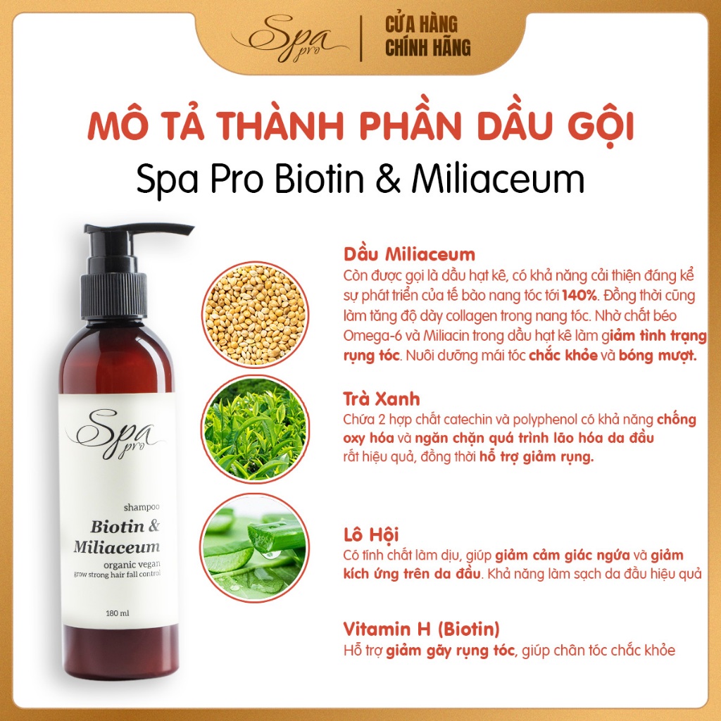 Dầu gội hỗ trợ giảm rụng Chiết xuất Dầu Hạt Kê và Biotin Spa Pro thành phần thiên nhiên