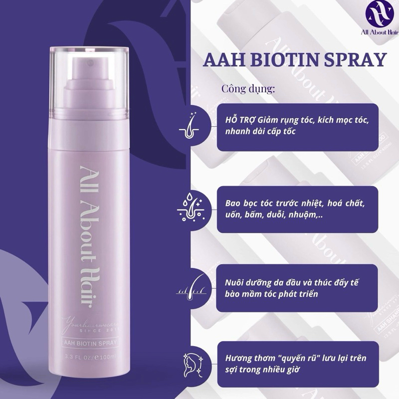 [Tặng Xịt Biotin 50ml] XỊT DƯỠNG TÓC AAH BIOTIN SPRAY Hỗ Trợ Kích Mọc, Giảm Rụng Và Bảo Vệ Tóc – All About Hair