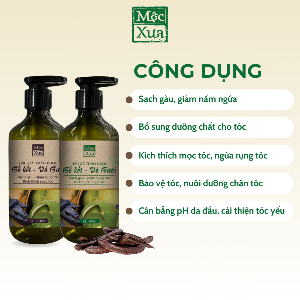 Bộ dầu gội xả bồ kết, vỏ bưởi Mộc Xưa 500ml ngăn ngừa rụng tóc, kích thích mọc tóc, nuôi dưỡng chân tóc chắc khỏe