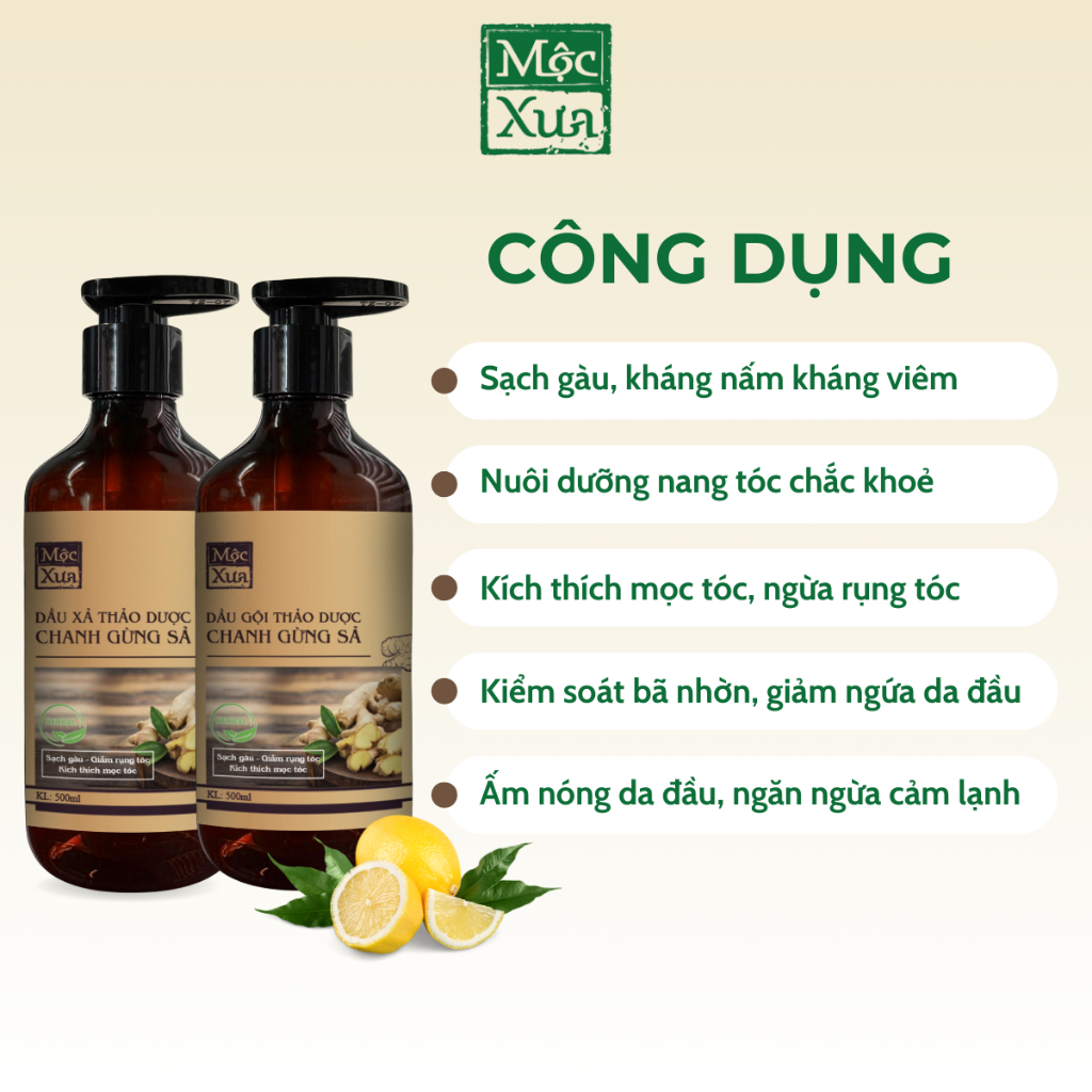 Bộ dầu gội xả thảo dược Mộc Xưa 500ml tinh chất gừng, chanh sả giúp tóc chắc khỏe, ngừa rụng kích thích mọc tóc