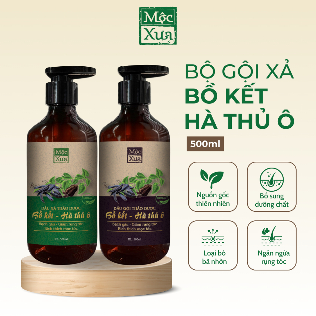 Bộ dầu gội xả bồ kết Mộc Xưa 500ml tinh chất hà thủ ô sạch gàu, ngăn ngừa rụng tóc, kiểm soát bã nhờn da đầu hiệu quả