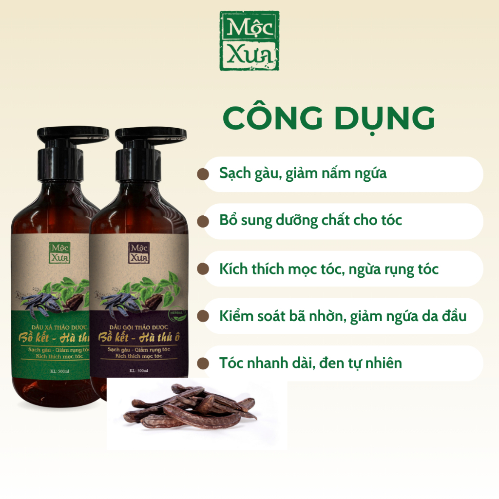 Bộ dầu gội xả bồ kết Mộc Xưa 500ml tinh chất hà thủ ô sạch gàu, ngăn ngừa rụng tóc, kiểm soát bã nhờn da đầu hiệu quả