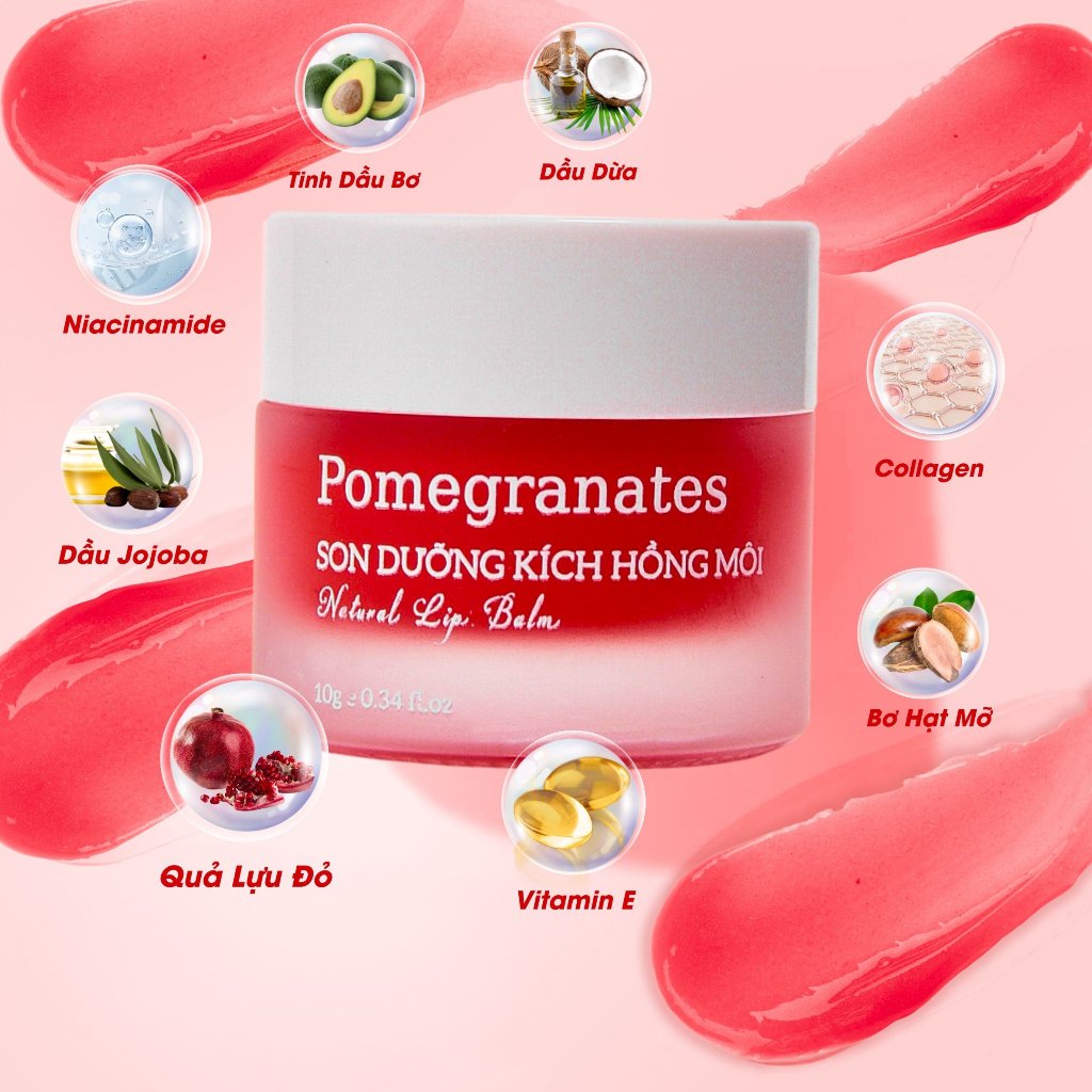 [TẶNG 5 MẶT NẠ] Son Dưỡng Hồng Môi Lựu Đỏ 10gr – Pomegranates Natural Lip Balm 10gr Midi Beauty