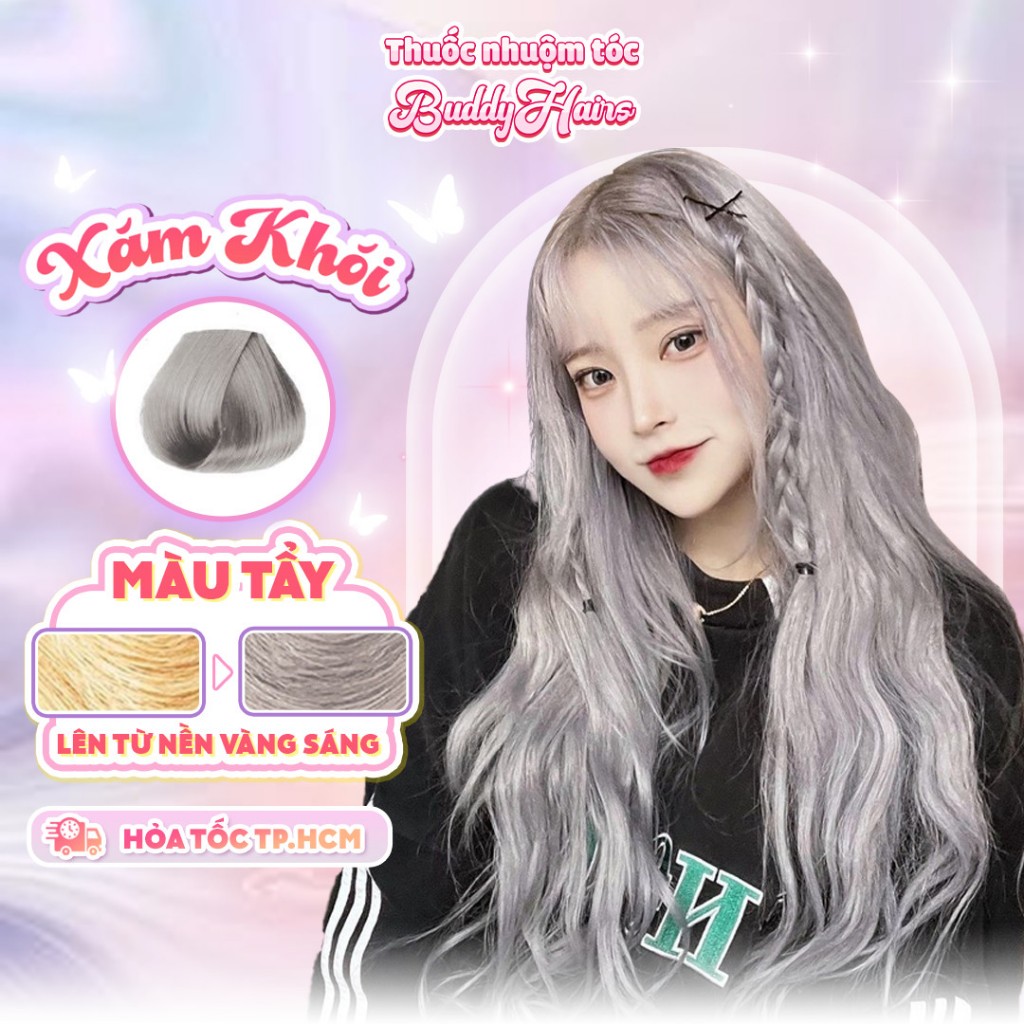 Thuốc nhuộm tóc màu XÁM KHÓI Thuốc nhuộm tóc tại nhà cao cấp Buddyhairs tặng kèm 1 tẩy 50K phụ kiện nhuộm