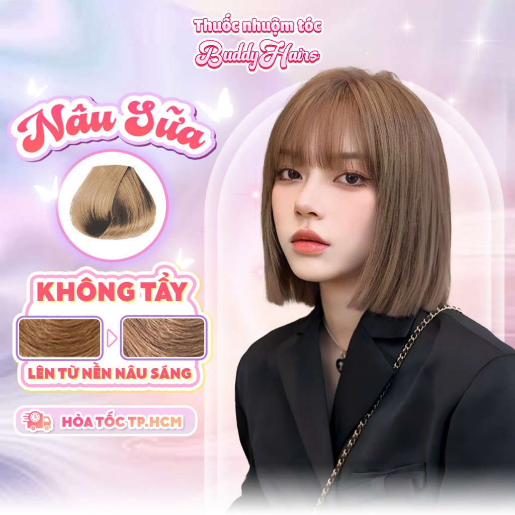Thuốc nhuộm tóc màu NÂU SỮA,NÂU TRÀ SỮA thuốc nhuộm tóc tại nhà Buddyhairs tặng kèm phụ kiện nhuộm tóc