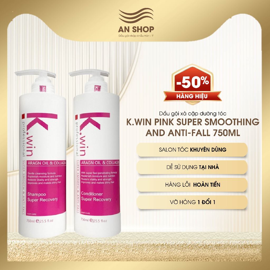Dầu gội xả cặp dưỡng tóc mượt ngăn ngừa chống rụng tóc K.win pink super smoothing and anti-fall 750ml chống gầu ngứa dầu