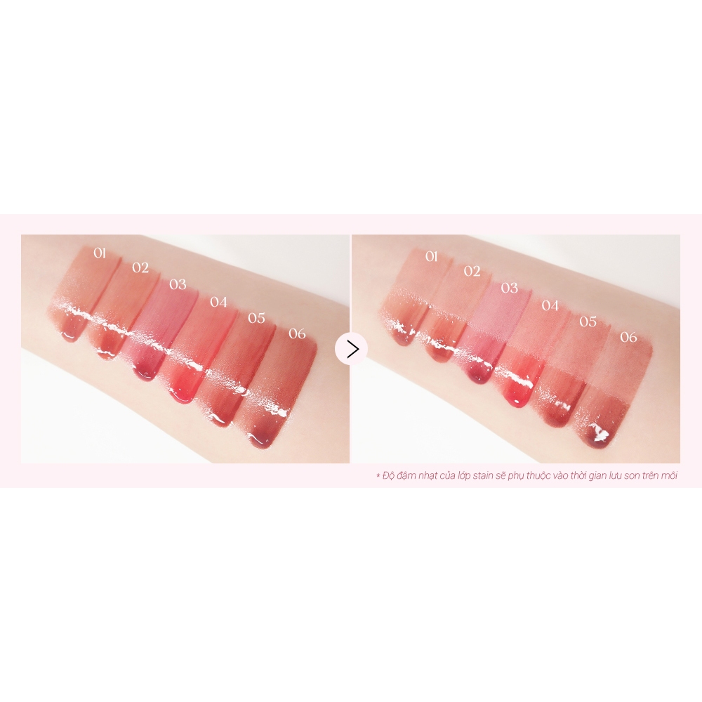 Son Tint Bóng Peripera Bare Water Tint màu 01 02 03 04 05 06 lên màu khá chuẩn và bám màu rất tốt