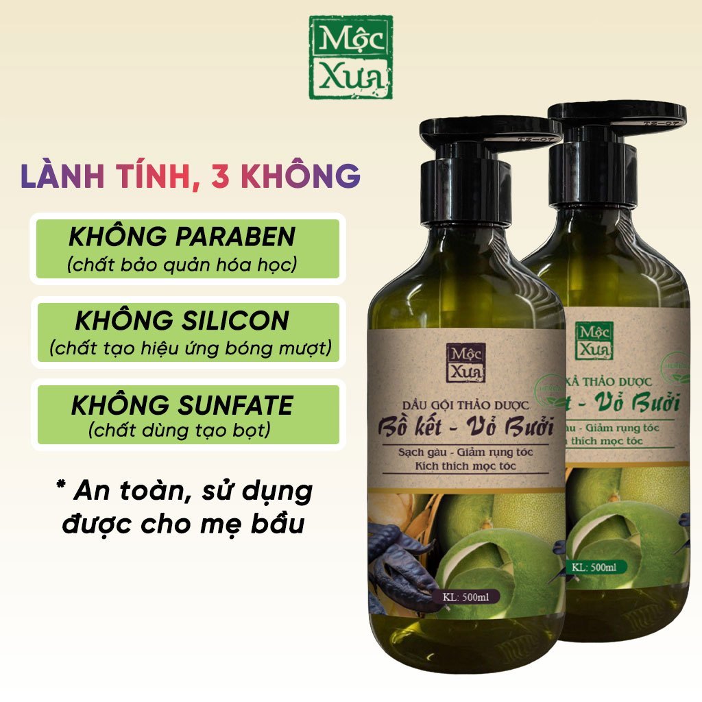 Bộ dầu gội xả bồ kết, vỏ bưởi Mộc Xưa 500ml ngăn ngừa rụng tóc, kích thích mọc tóc, nuôi dưỡng chân tóc chắc khỏe