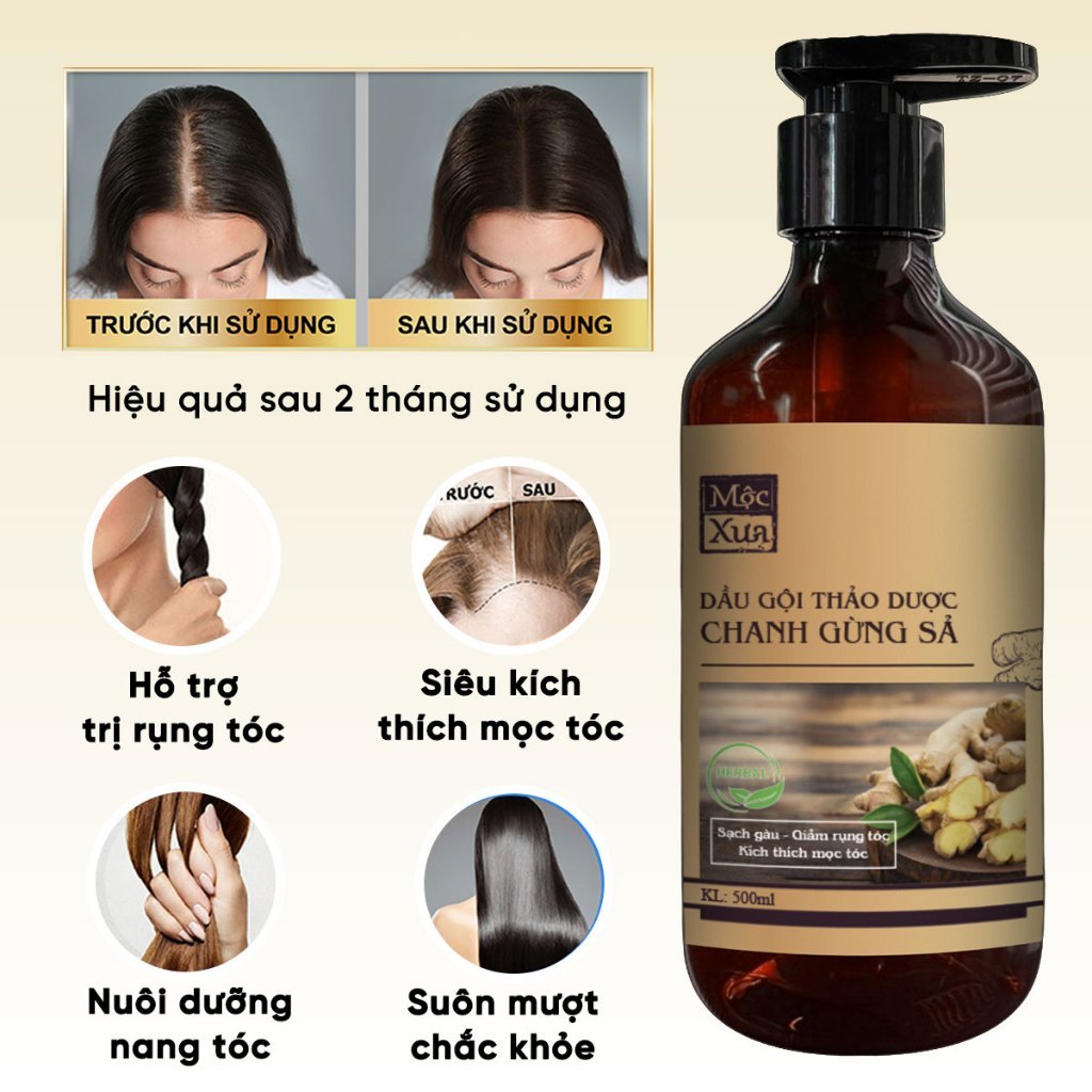 Bộ dầu gội xả thảo dược Mộc Xưa 500ml tinh chất gừng, chanh sả giúp tóc chắc khỏe, ngừa rụng kích thích mọc tóc