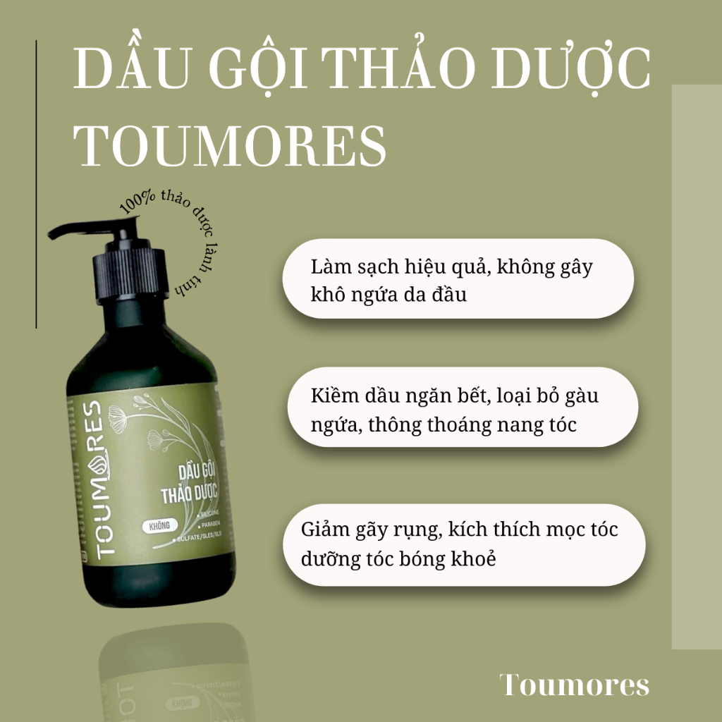 Dầu gội thảo dược Toumores sạch gàu ngứa, kiềm dầu, giúp tóc chắc khỏe từ nang tóc hiệu quả sau 1 tuần sử dụng