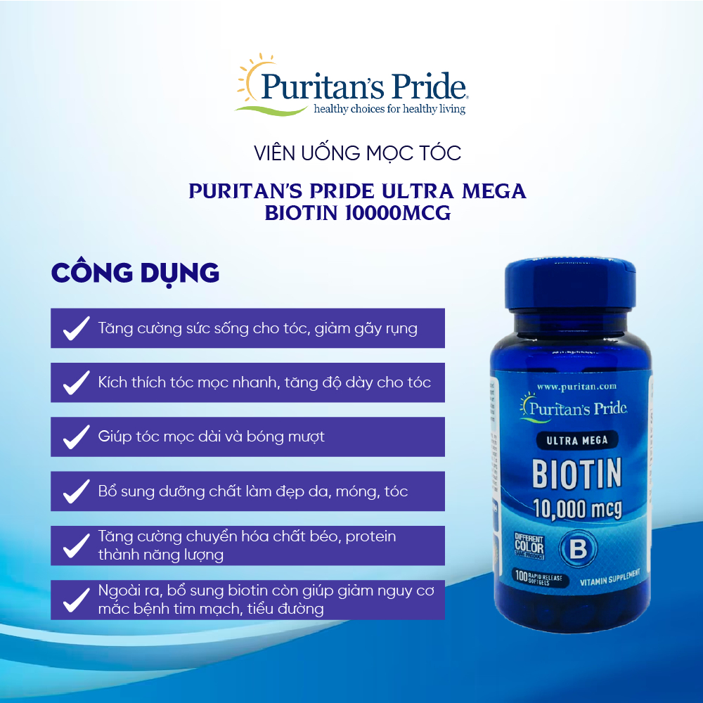 Viên uống giúp mọc tóc, giảm rụng tóc Puritan’s Pride Ultra Mega Biotin 10000 mcg 100 viên của Mỹ