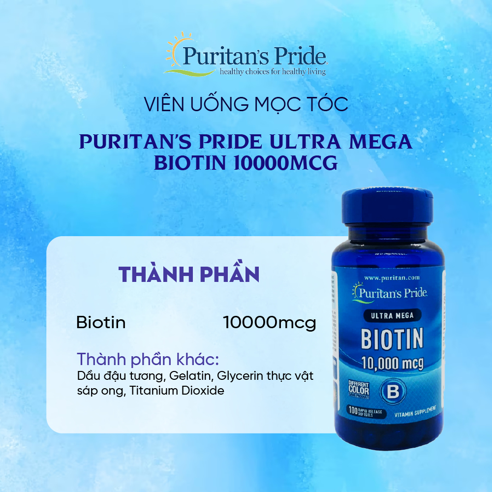 Viên uống giúp mọc tóc, giảm rụng tóc Puritan’s Pride Ultra Mega Biotin 10000 mcg 100 viên của Mỹ