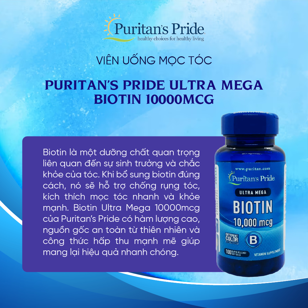 Viên uống giúp mọc tóc, giảm rụng tóc Puritan’s Pride Ultra Mega Biotin 10000 mcg 100 viên của Mỹ