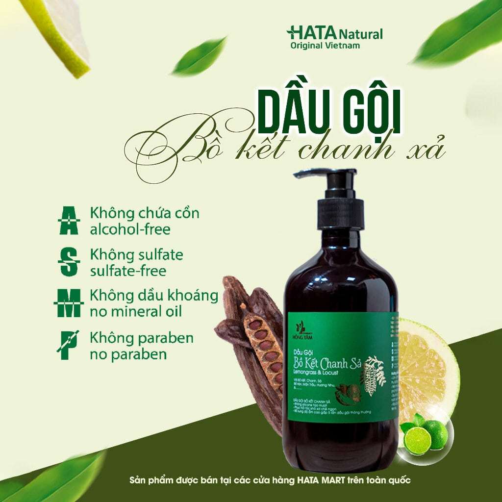 Dầu gội bồ kết chanh sả HATA 500ml, dầu gội đầu giảm gãy rụng tóc, giảm gàu, kích thích mọc tóc