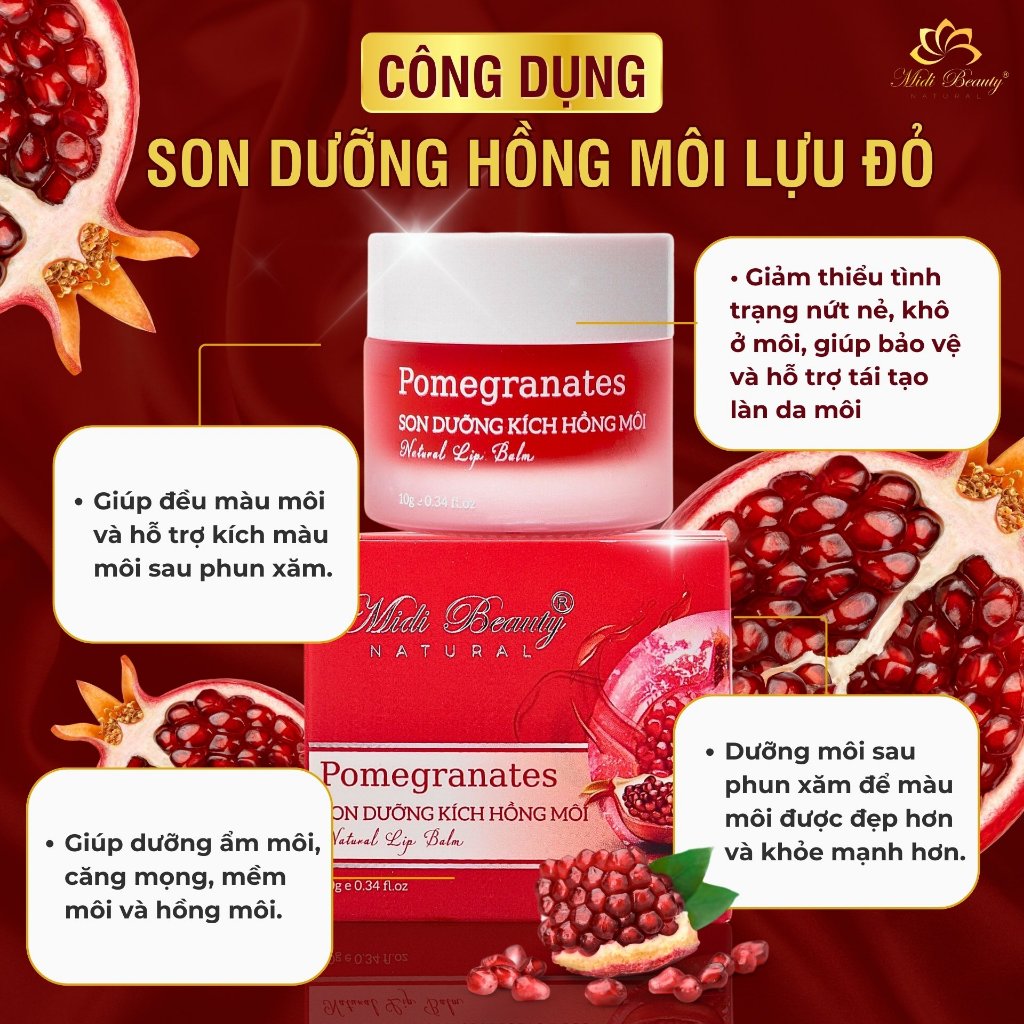 [TẶNG 5 MẶT NẠ] Son Dưỡng Hồng Môi Lựu Đỏ 10gr – Pomegranates Natural Lip Balm 10gr Midi Beauty