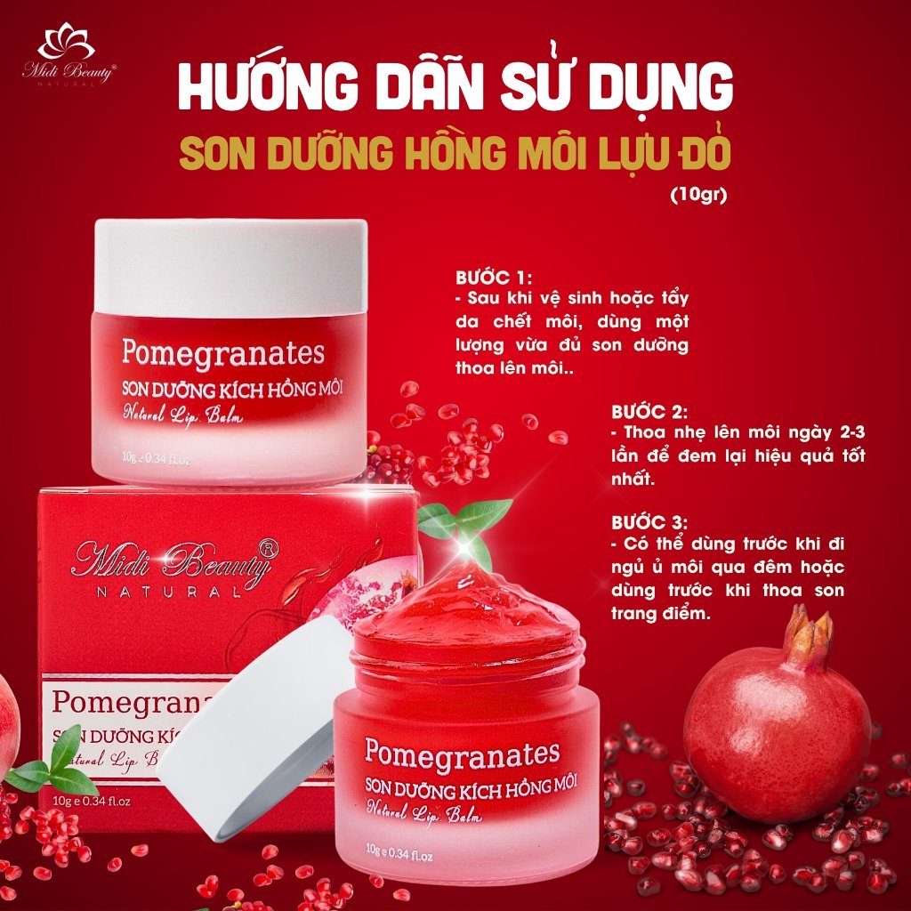 [TẶNG 5 MẶT NẠ] Son Dưỡng Hồng Môi Lựu Đỏ 10gr – Pomegranates Natural Lip Balm 10gr Midi Beauty