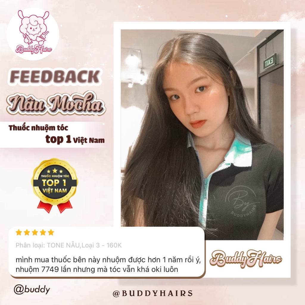 Thuốc nhuộm tóc màu NÂU MOCHA, thuốc nhuộm không tẩy  , thuốc nhuộm tóc tại nhà Buddyhairs tặng kèm phụ kiện nhuộm tóc