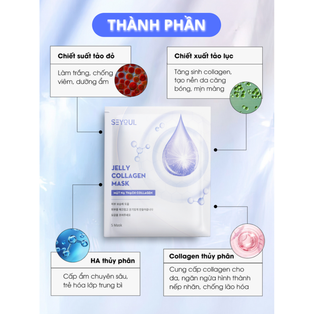 Mặt nạ thạch Collagen Seyoul Hàn Quốc, Jelly Collagen Mask Dưỡng Trắng Cấp ẩm Da Căng Bóng Mịn Màng 1 Hộp x 5 miếng