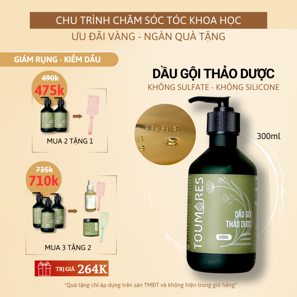 Dầu gội thảo dược Toumores sạch gàu ngứa, kiềm dầu, giúp tóc chắc khỏe từ nang tóc hiệu quả sau 1 tuần sử dụng