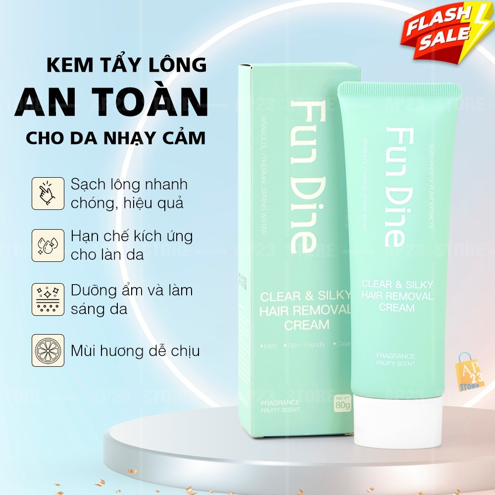 Kem tẩy lông triệt lông tẩy lông nách chân tay vùng bikini, chính hãng an toàn hiệu quả cho da nhạy cảm Fun Dine 80gram