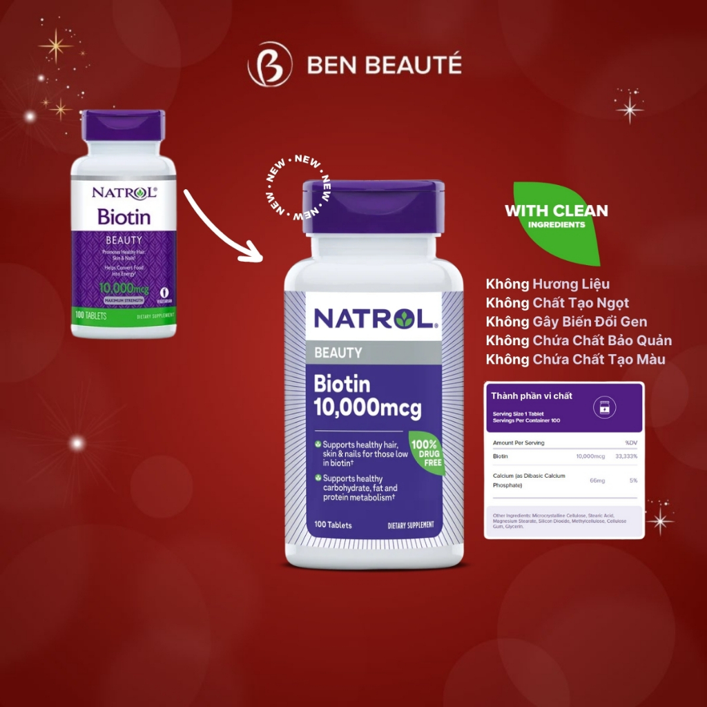 Viên Uống Hỗ Trợ Mọc Tóc Và Chống Rụng Tóc Natrol Biotin 10,000mcg Hộp 100 Viên